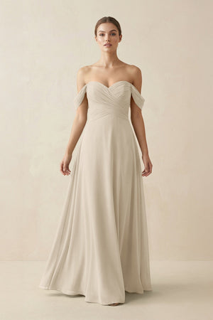 A-Line Off-the-Shoulder Chiffon Bridesmaid Dress in Champagne - KissProm BRIDESMAID DRESSES