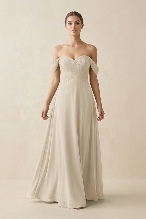 A-Line Off-the-Shoulder Chiffon Bridesmaid Dress in Champagne - KissProm BRIDESMAID DRESSES