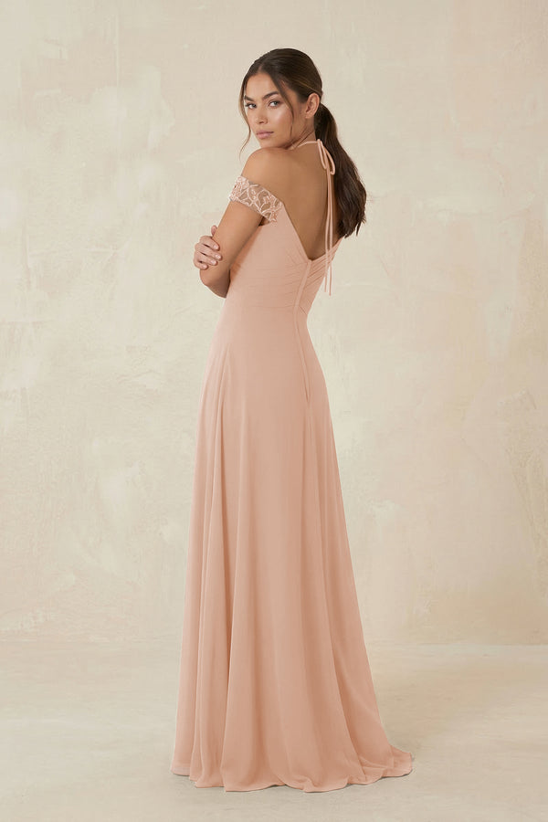 A-Line Off-the-Shoulder Chiffon Bridesmaid Dress in Champagne Rose - KissProm BRIDESMAID DRESSES