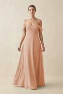 A-Line Off-the-Shoulder Chiffon Bridesmaid Dress in Champagne Rose - KissProm BRIDESMAID DRESSES