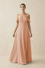 A-Line Off-the-Shoulder Chiffon Bridesmaid Dress in Champagne Rose - KissProm BRIDESMAID DRESSES