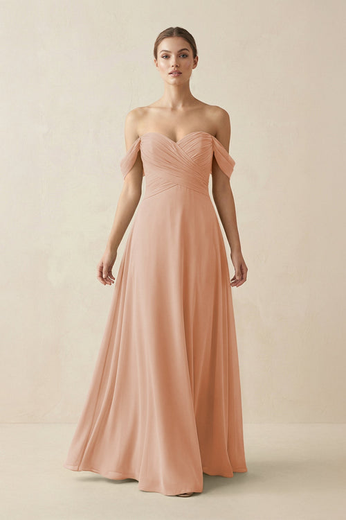 A-Line Off-the-Shoulder Chiffon Bridesmaid Dress in Champagne Rose - KissProm BRIDESMAID DRESSES