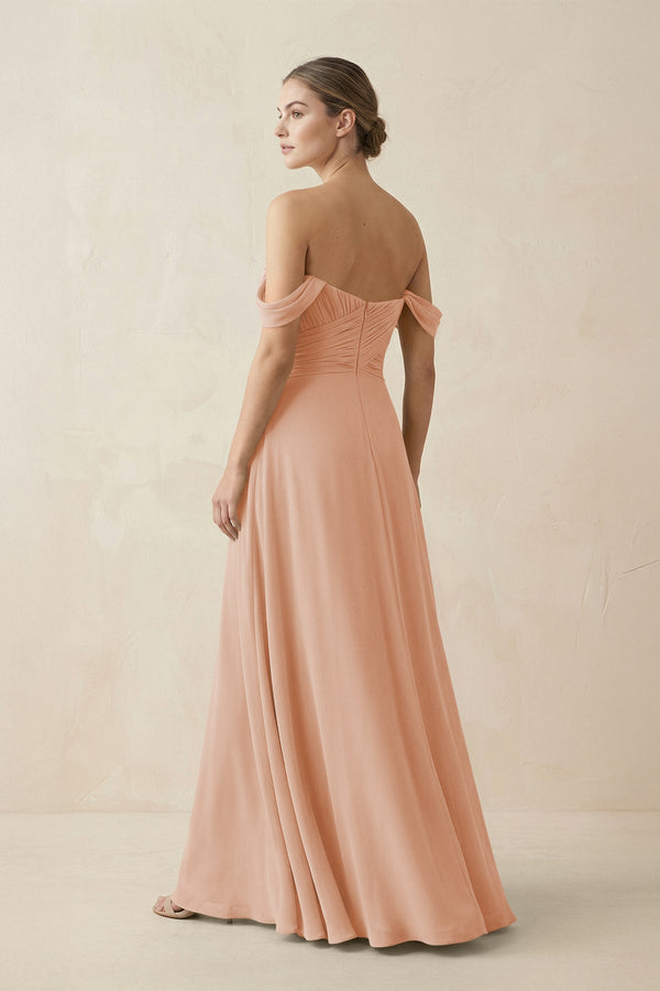 A-Line Off-the-Shoulder Chiffon Bridesmaid Dress in Champagne Rose - KissProm BRIDESMAID DRESSES