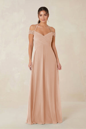 A-Line Off-the-Shoulder Chiffon Bridesmaid Dress in Champagne Rose - KissProm BRIDESMAID DRESSES