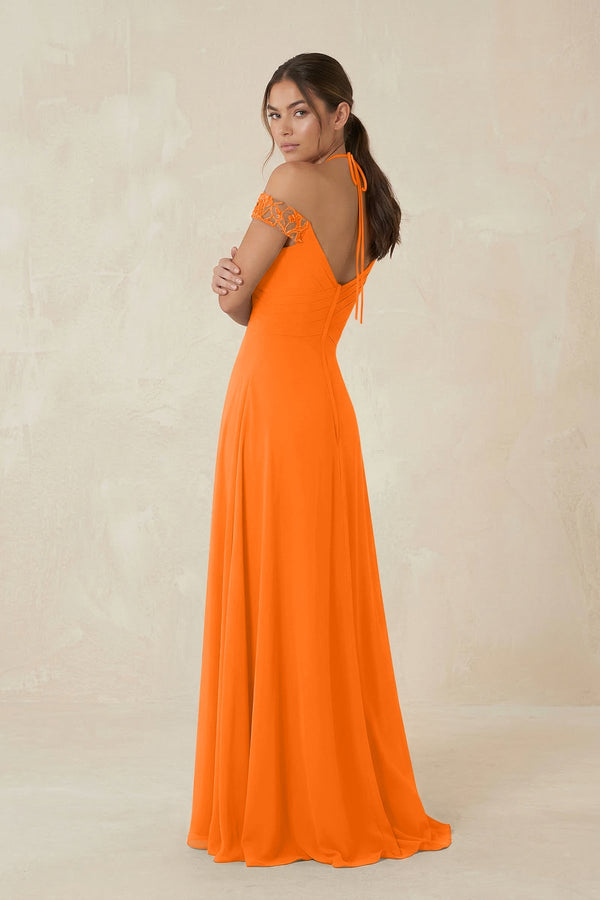 A-Line Off-the-Shoulder Chiffon Bridesmaid Dress in Cinnamon - KissProm BRIDESMAID DRESSES
