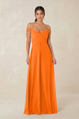 A-Line Off-the-Shoulder Chiffon Bridesmaid Dress in Cinnamon - KissProm BRIDESMAID DRESSES