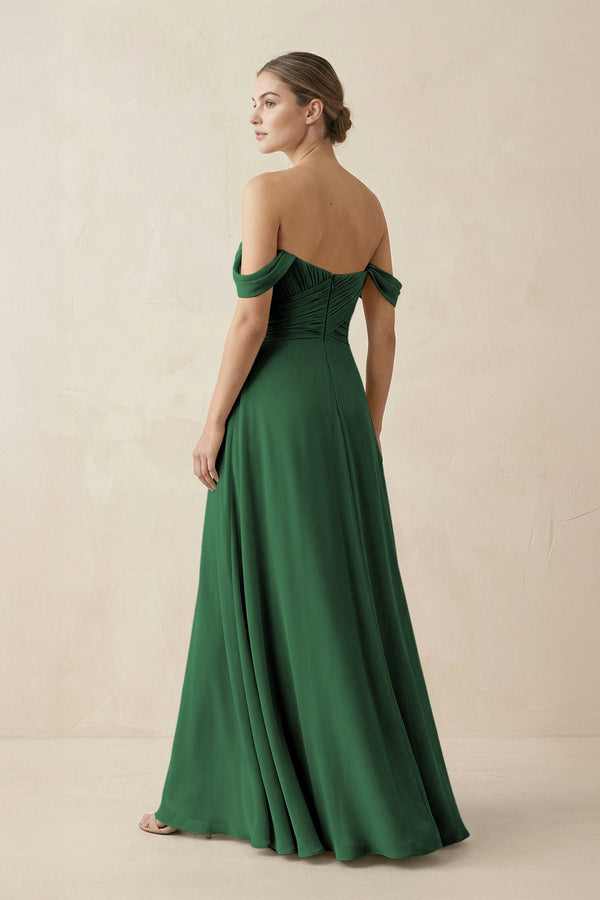 A-Line Off-the-Shoulder Chiffon Bridesmaid Dress in Dark Green - KissProm BRIDESMAID DRESSES