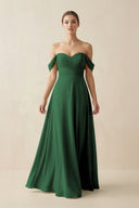 A-Line Off-the-Shoulder Chiffon Bridesmaid Dress in Dark Green - KissProm BRIDESMAID DRESSES