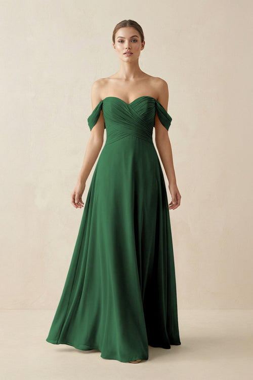 A-Line Off-the-Shoulder Chiffon Bridesmaid Dress in Dark Green - KissProm BRIDESMAID DRESSES