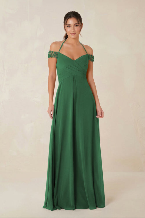 A-Line Off-the-Shoulder Chiffon Bridesmaid Dress in Dark Green - KissProm BRIDESMAID DRESSES