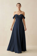 A-Line Off-the-Shoulder Chiffon Bridesmaid Dress in Dark Navy - KissProm BRIDESMAID DRESSES