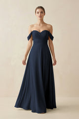 A-Line Off-the-Shoulder Chiffon Bridesmaid Dress in Dark Navy - KissProm BRIDESMAID DRESSES