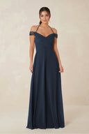 A-Line Off-the-Shoulder Chiffon Bridesmaid Dress in Dark Navy - KissProm BRIDESMAID DRESSES
