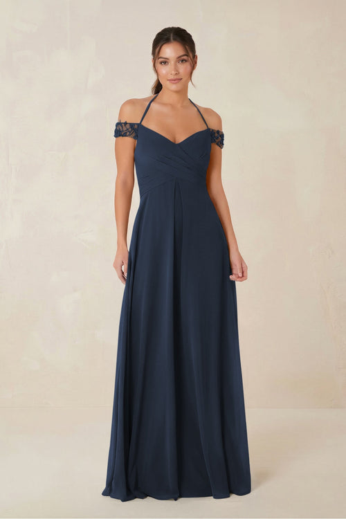 A-Line Off-the-Shoulder Chiffon Bridesmaid Dress in Dark Navy - KissProm BRIDESMAID DRESSES