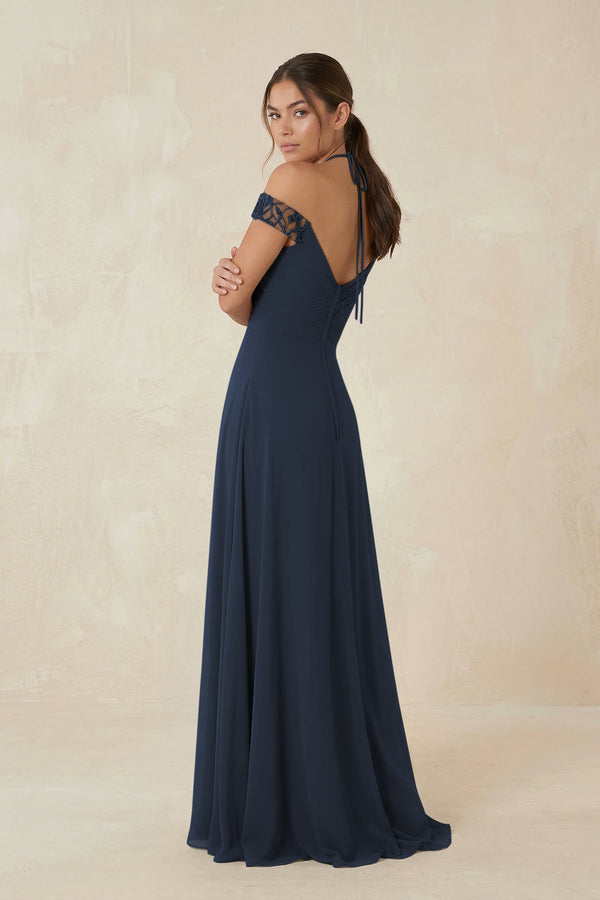 A-Line Off-the-Shoulder Chiffon Bridesmaid Dress in Dark Navy - KissProm BRIDESMAID DRESSES