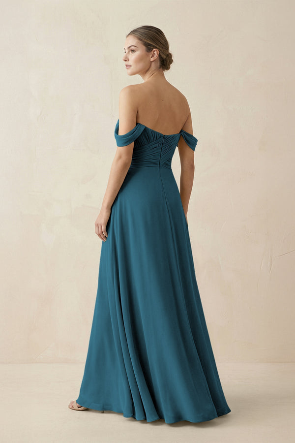 A-Line Off-the-Shoulder Chiffon Bridesmaid Dress in Dark Teal - KissProm BRIDESMAID DRESSES