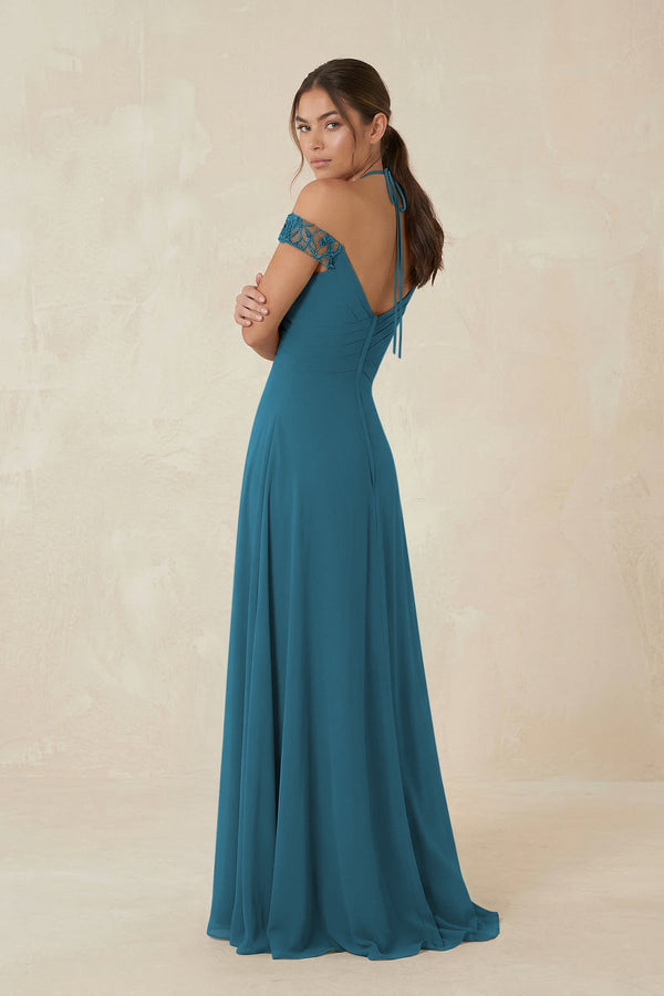 A-Line Off-the-Shoulder Chiffon Bridesmaid Dress in Dark Teal - KissProm BRIDESMAID DRESSES