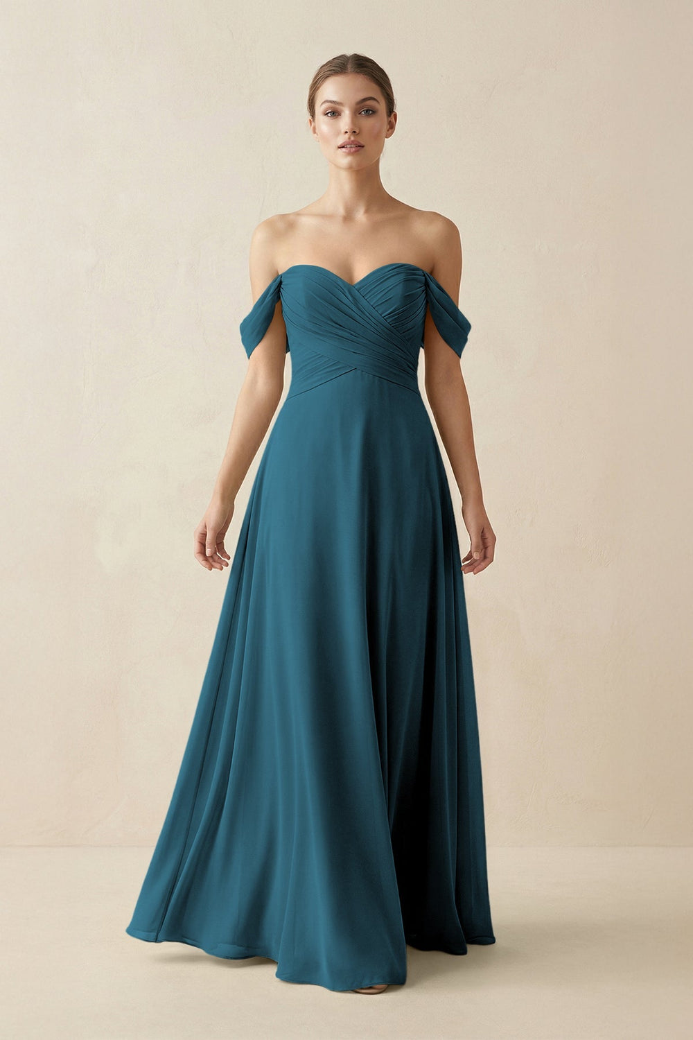 A-Line Off-the-Shoulder Chiffon Bridesmaid Dress in Dark Teal - KissProm BRIDESMAID DRESSES