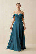 A-Line Off-the-Shoulder Chiffon Bridesmaid Dress in Dark Teal - KissProm BRIDESMAID DRESSES