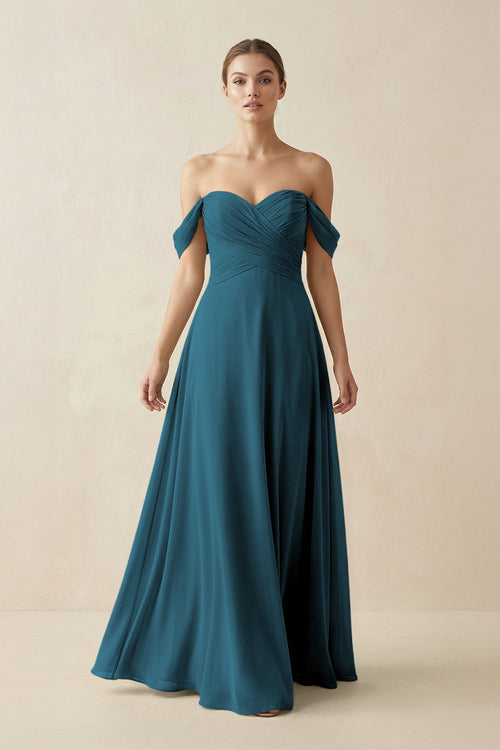 A-Line Off-the-Shoulder Chiffon Bridesmaid Dress in Dark Teal - KissProm BRIDESMAID DRESSES