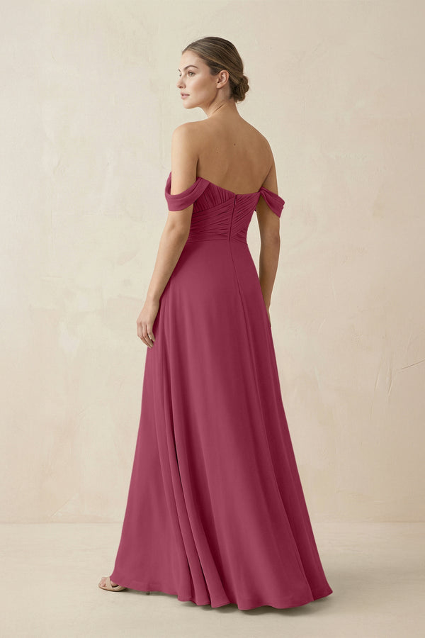 A-Line Off-the-Shoulder Chiffon Bridesmaid Dress in Desert Rose - KissProm BRIDESMAID DRESSES