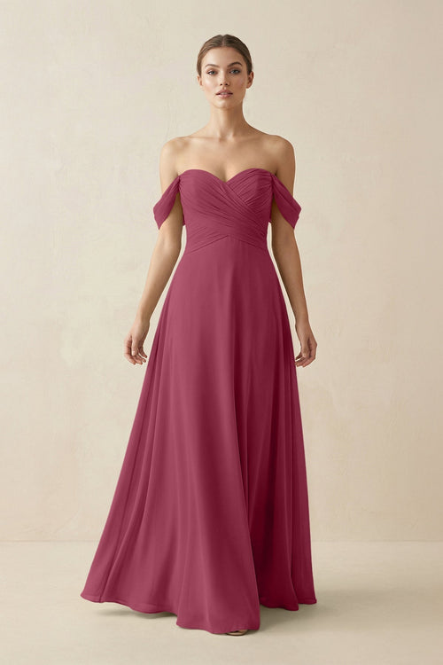 A-Line Off-the-Shoulder Chiffon Bridesmaid Dress in Desert Rose - KissProm BRIDESMAID DRESSES