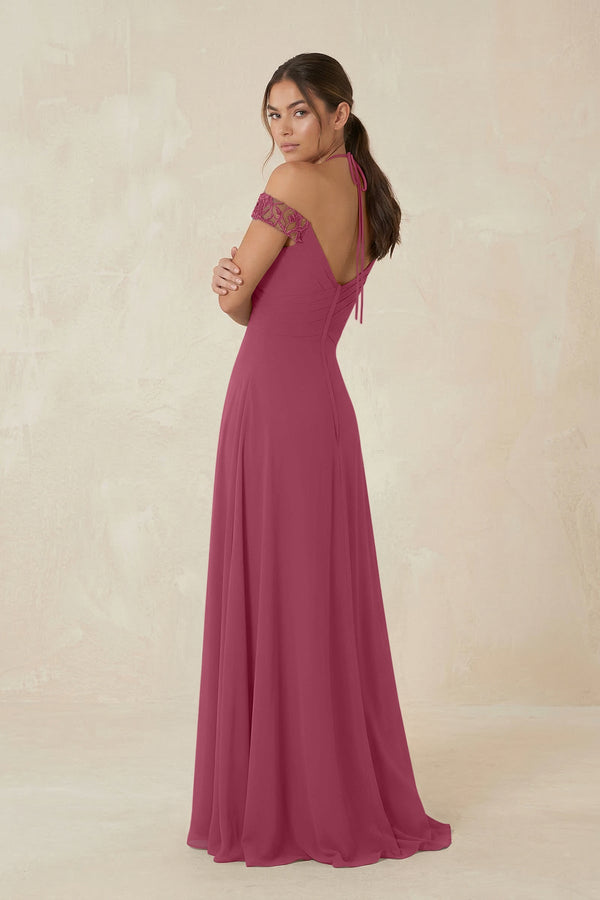 A-Line Off-the-Shoulder Chiffon Bridesmaid Dress in Desert Rose - KissProm BRIDESMAID DRESSES