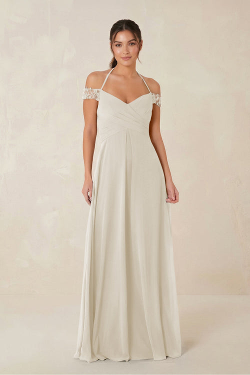 A-Line Off-the-Shoulder Chiffon Bridesmaid Dress in Dove Gray - KissProm BRIDESMAID DRESSES