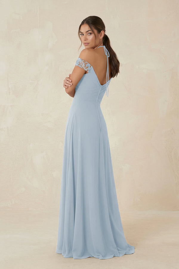 A-Line Off-the-Shoulder Chiffon Bridesmaid Dress in Dusty Blue - KissProm BRIDESMAID DRESSES