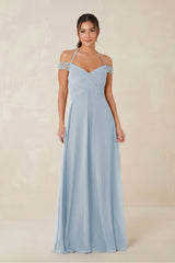 A-Line Off-the-Shoulder Chiffon Bridesmaid Dress in Dusty Blue - KissProm BRIDESMAID DRESSES