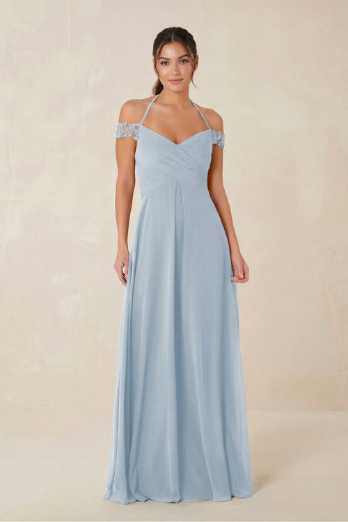 A-Line Off-the-Shoulder Chiffon Bridesmaid Dress in Dusty Blue - KissProm BRIDESMAID DRESSES
