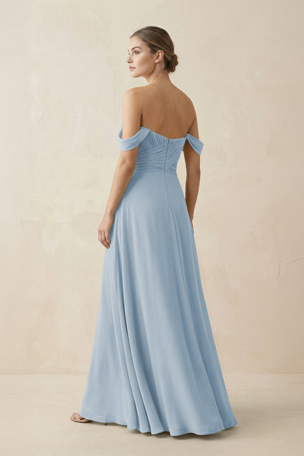 A-Line Off-the-Shoulder Chiffon Bridesmaid Dress in Dusty Blue - KissProm BRIDESMAID DRESSES