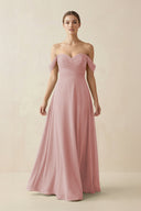 A-Line Off-the-Shoulder Chiffon Bridesmaid Dress in Dusty Rose - KissProm BRIDESMAID DRESSES