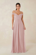 A-Line Off-the-Shoulder Chiffon Bridesmaid Dress in Dusty Rose - KissProm BRIDESMAID DRESSES