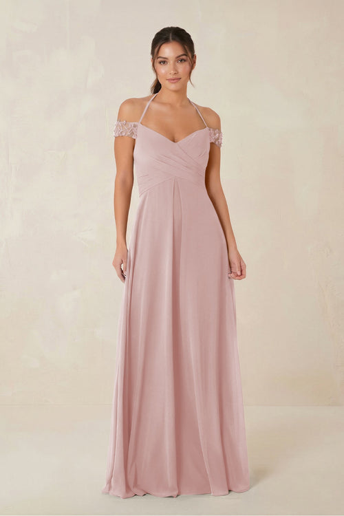 A-Line Off-the-Shoulder Chiffon Bridesmaid Dress in Dusty Rose - KissProm BRIDESMAID DRESSES