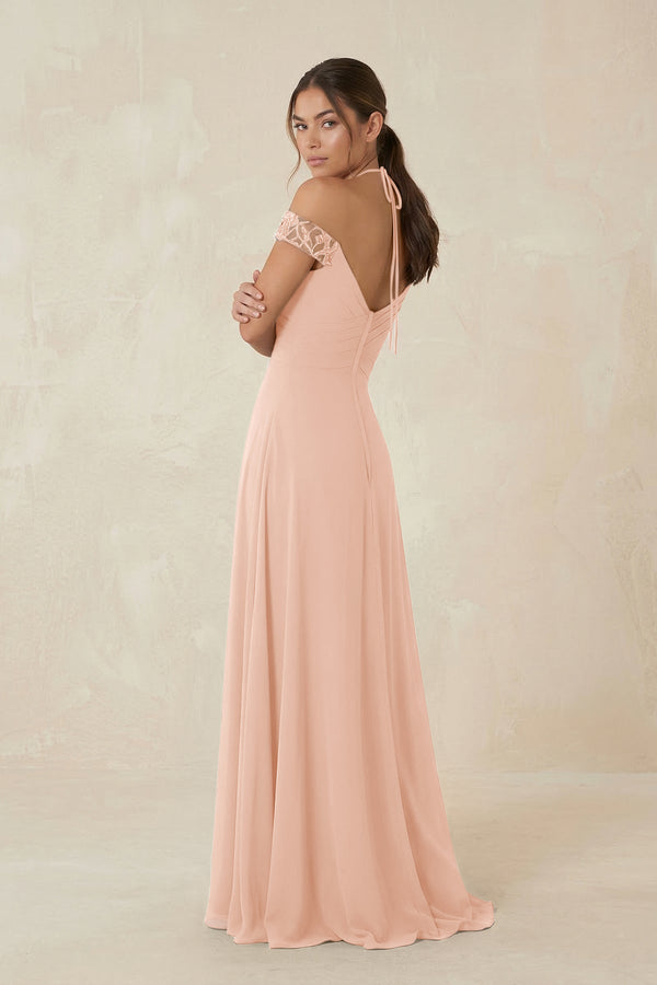 A-Line Off-the-Shoulder Chiffon Bridesmaid Dress in English Rose - KissProm BRIDESMAID DRESSES