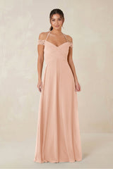 A-Line Off-the-Shoulder Chiffon Bridesmaid Dress in English Rose - KissProm BRIDESMAID DRESSES