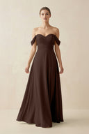 A-Line Off-the-Shoulder Chiffon Bridesmaid Dress in Espresso - KissProm BRIDESMAID DRESSES