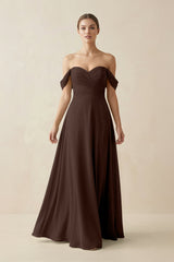 A-Line Off-the-Shoulder Chiffon Bridesmaid Dress in Espresso - KissProm BRIDESMAID DRESSES