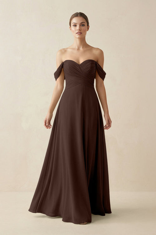 A-Line Off-the-Shoulder Chiffon Bridesmaid Dress in Espresso - KissProm BRIDESMAID DRESSES