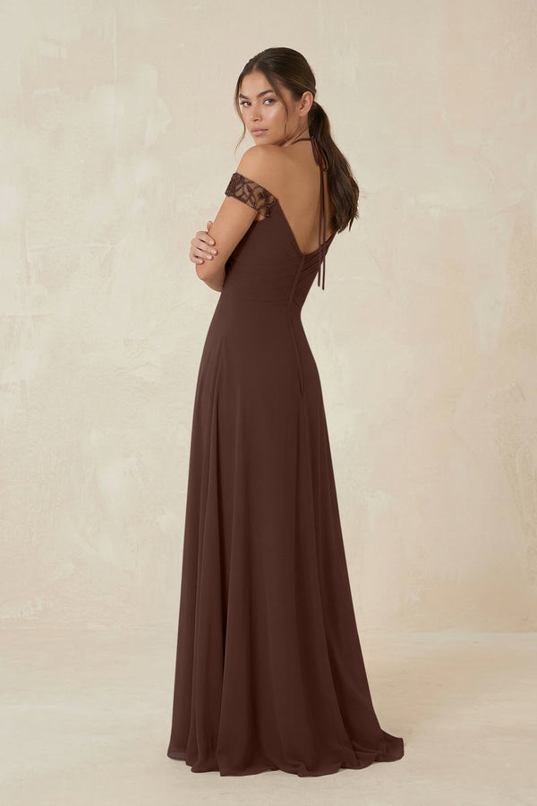 A-Line Off-the-Shoulder Chiffon Bridesmaid Dress in Espresso - KissProm BRIDESMAID DRESSES