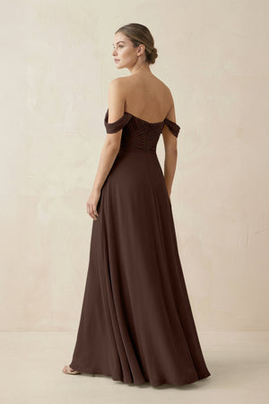 A-Line Off-the-Shoulder Chiffon Bridesmaid Dress in Espresso - KissProm BRIDESMAID DRESSES