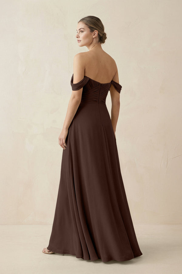 A-Line Off-the-Shoulder Chiffon Bridesmaid Dress in Espresso - KissProm BRIDESMAID DRESSES