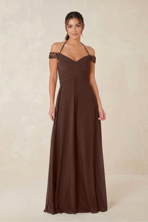 A-Line Off-the-Shoulder Chiffon Bridesmaid Dress in Espresso - KissProm BRIDESMAID DRESSES