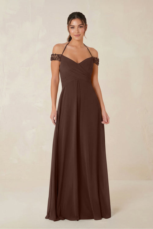A-Line Off-the-Shoulder Chiffon Bridesmaid Dress in Espresso - KissProm BRIDESMAID DRESSES