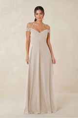 A-Line Off-the-Shoulder Chiffon Bridesmaid Dress in Frost - KissProm BRIDESMAID DRESSES