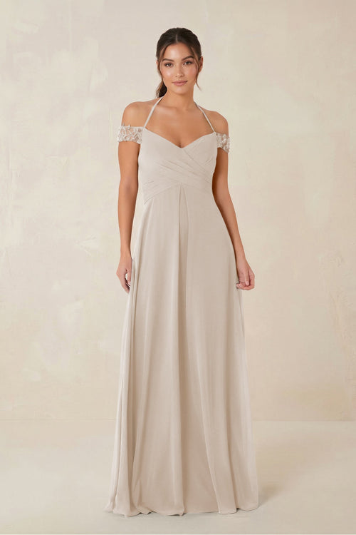 A-Line Off-the-Shoulder Chiffon Bridesmaid Dress in Frost - KissProm BRIDESMAID DRESSES