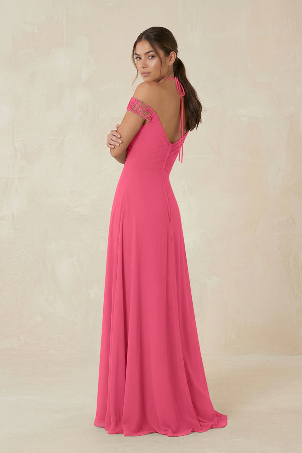 A-Line Off-the-Shoulder Chiffon Bridesmaid Dress in Fuchsia - KissProm BRIDESMAID DRESSES