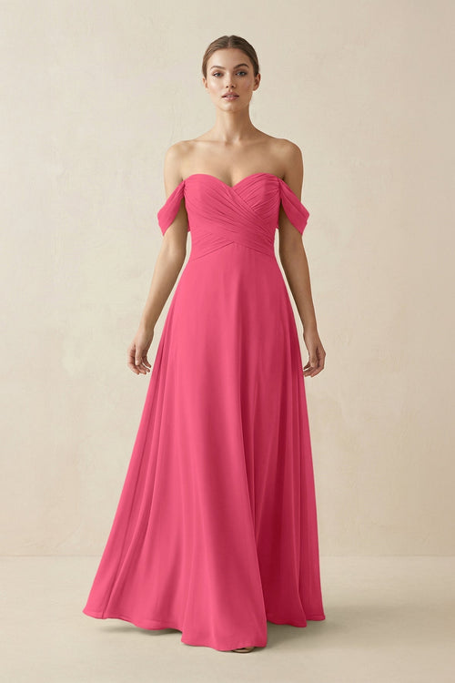 A-Line Off-the-Shoulder Chiffon Bridesmaid Dress in Fuchsia - KissProm BRIDESMAID DRESSES