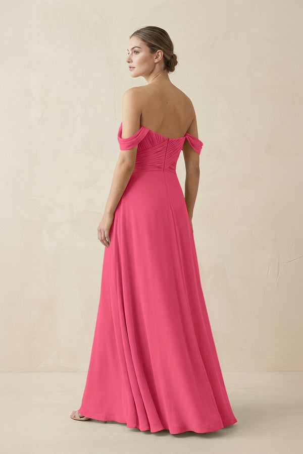A-Line Off-the-Shoulder Chiffon Bridesmaid Dress in Fuchsia - KissProm BRIDESMAID DRESSES